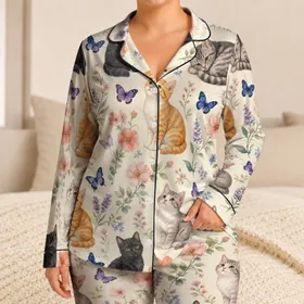 Watercolor Kittens and Spring Florals for Cozy Easter Nights At Home for Girls and Boys Satin Pajamas Set