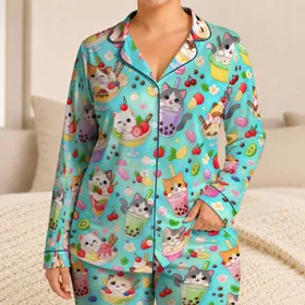 Pastel Kittens in Bubble Tea and Desserts for Cozy Girls Sleepwear Bedtime Gifts Satin Pajamas Set