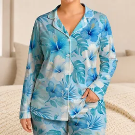 Sky Blue Hibiscus Floral Coastal Resort Getaway Gift for Summer Relaxing At Home Satin Pajamas Set