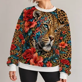 Leopard Face And Tropical Roses For Bold Casual Style And Everyday Wear All-over Print Knitted Sweater