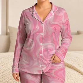 Bubblegum Pink Marble Swirl For Summer Relaxing At Home, Gift Giving, And Travel Days Satin Pajamas Set
