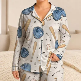 Baseball Bats, Gloves, and Balls Summer Sleepwear for Sports Fans and Cozy Lounging Satin Pajamas Set
