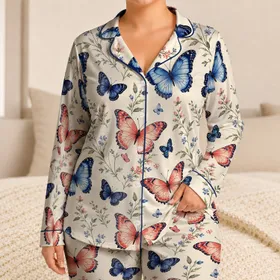 Blue Coral Butterfly Motifs for Cozy Summer Lounging, Women's Relaxed Indoor Sleepwear Satin Pajamas Set