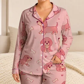 Blush Dachshund Dogs And Bones Cozy Bedtime Gift For Women Dog Lovers Relaxing At Home Satin Pajamas Set