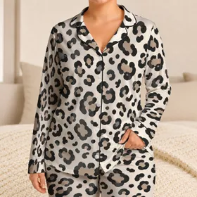 Ivory Leopard Spots for Cozy Bedtime Lounging, Chic Women's Nighttime Comfort at Home Satin Pajamas Set