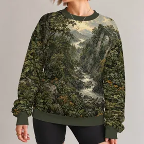 Olive Woodland Stream And Stone Bridge For Quiet Autumn Nature Getaways All-over Print Knitted Sweater