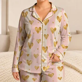 Pink Stripes and Golden Hearts for Cozy Valentine Evenings and Romantic Lounging Satin Pajamas Set