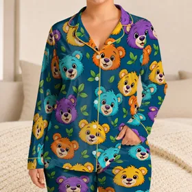 Colorful Cartoon Bear Faces for Cozy Lounging, Relaxed Weekends and Playful Home Style Satin Pajamas Set