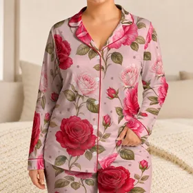 Crimson And Pink Roses For Cozy Romantic Evenings, Soft Blush Style For Home Comfort Satin Pajamas Set