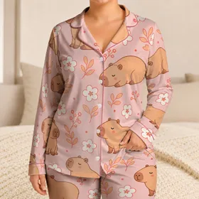 Pastel Capybara Charm For Cozy Nights, Lounging, And Gift Giving With Soft Blush Hues Satin Pajamas Set