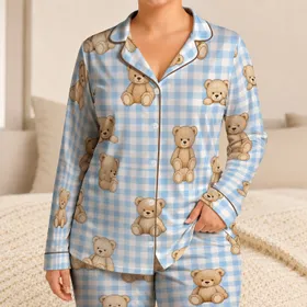 Cute Teddy Bear Gingham Sleep Set for Cozy Nights, Lounge Days, and Gift Giving Style Satin Pajamas Set