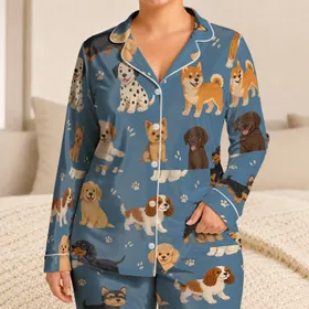 Playful Puppy Party Dusty Blue Cozy Bedtime Comfort For Boys And Girls At Home Style Satin Pajamas Set