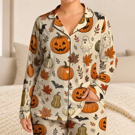 Halloween Pumpkin And Maple Leaf Sleepwear For Cozy Autumn Nights At Home For Girls Satin Pajamas Set