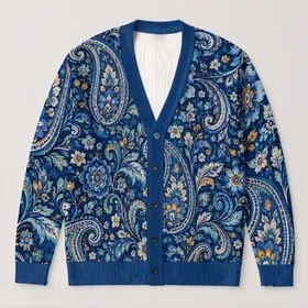 Blue Paisley And Floral Motifs For Bohemian Everyday Layering And Artistic Casual Style All-over Print Knitted Cardigan
