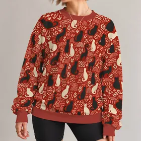 Seated Cat Folk Motifs for Cozy Autumn Outings and Everyday Cat Lovers All-over Print Knitted Sweater