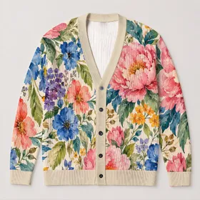 Watercolor Floral Elegance for Relaxed Everyday Layering, Women's Spring Outings All-over Print Knitted Cardigan