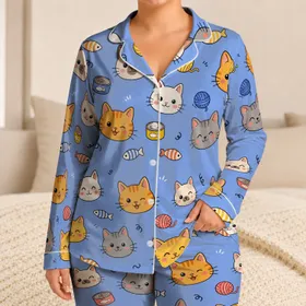 Retro Cartoon Cat Style For Cozy Nights, Vacations, Home, Gifts, And Cat Lovers Satin Pajamas Set