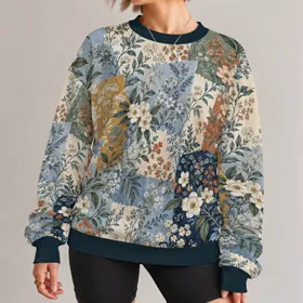 Blue And Ivory Botanical Patchwork Florals For Artful Everyday Casual Wardrobe Style All-over Print Knitted Sweater