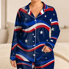 Navy Americana Wave Stars for Summer Beach Days, Patriotic Lounge Style for Women Satin Pajamas Set