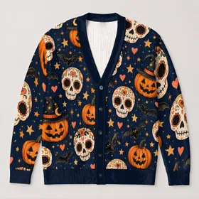 Halloween Skull Pumpkin Bats and Stars for Cozy Fall Layering Women's Gothic Style All-over Print Knitted Cardigan