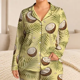 Tropical Coconut Palm Leaf Vacation Resort Essentials For Women, Men, And Teens Style Satin Pajamas Set