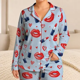 Red Lips and Lipstick Hearts for Romantic Lounging and Valentine Gifting for Women Satin Pajamas Set