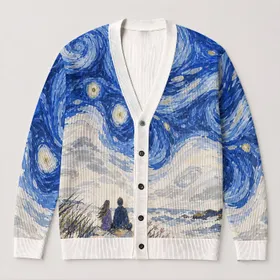 Blue Ocean Swirls and Golden Orbs for Easy Resort Layering Women's Coastal Style All-over Print Knitted Cardigan
