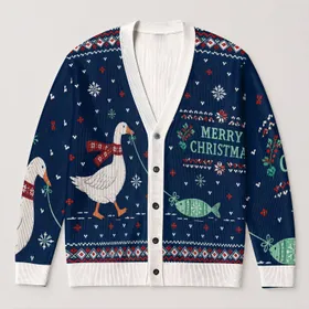 Funny Christmas Goose Fishing Holiday Fair Isle Style Gift Idea for Men and Women All-over Print Knitted Cardigan
