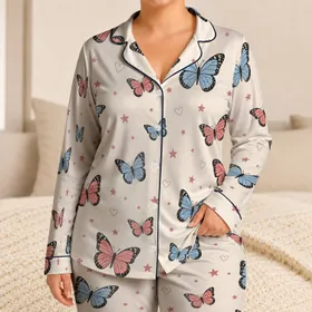 Coral Blue Butterfly Hearts for Cozy Lounging and Sweet Sleep Gift for Women and Girls Satin Pajamas Set
