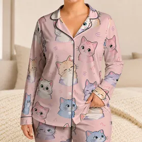 Cute Cat Faces Blush Pink Bedtime Lounge Gift for Cat Lovers Women Adults Cozy Home Satin Pajamas Set