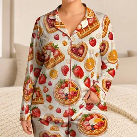 Strawberry Waffle Berry Treats for Cozy Morning Lounging and Sweet Weekend Relaxation Satin Pajamas Set