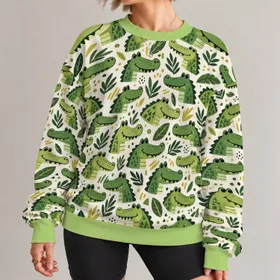 Playful Green Crocodile Motifs for Casual Autumn Outings and Everyday Nature Lovers All-over Print Knitted Sweater