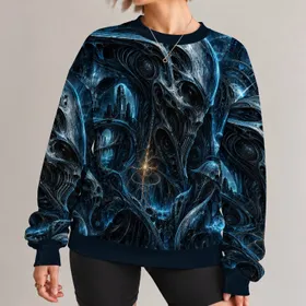 Cyan Cosmic Skull Scene for Sci-Fi Nights and Astronomy Lovers Who Explore Space All-over Print Knitted Sweater
