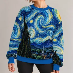 Blue Celestial Swirl and Mountain Village for Everyday Casual Wear All-over Print Knitted Sweater