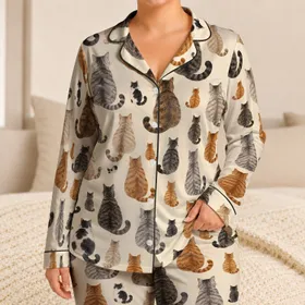 Cozy Calico Cat Companions for Relaxed Autumn Evenings and Winter Home Lounging Satin Pajamas Set