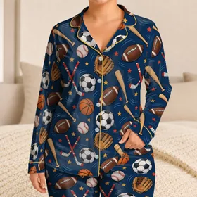 Colorful Sports Balls and Team Gear for Relaxed Game-Day Weekends and Casual Lounging Satin Pajamas Set