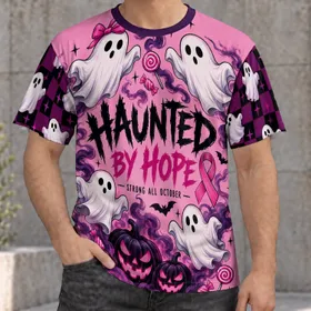 Pink Ghosts and Pumpkins for October Cancer Awareness and Cozy Halloween Nights All-over Print Unisex T-shirt