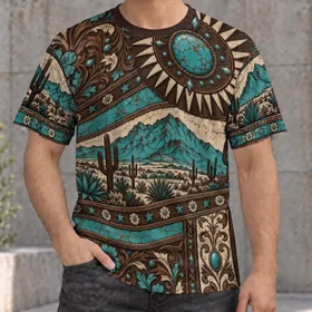 Turquoise Cactus and Western Tooled Scrolls for Southwestern Desert Living and Travel All-over Print Unisex T-shirt