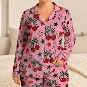 Cherry Bow Lightning Stars and Leopard Hearts for Playful Cozy Nights Satin Pajamas Set