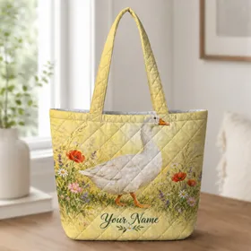 White Goose in a Wildflower Meadow for Cottagecore Spring Gifts and Country Living Quilted Tote Bag