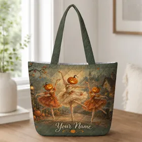 Pumpkin-Head Ballerinas Dancing Through a Vintage Halloween Village for Autumn Celebrations Quilted Tote Bag