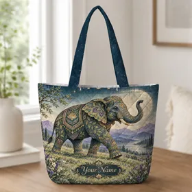 Moonlit Elephant and Mountain Meadow for Bohemian Nature Lovers and Birthday Gifting Quilted Tote Bag