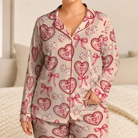 Lace Heart Candy Dice and Pink Bows for Cozy Valentine Gift Giving Satin Pajamas Set