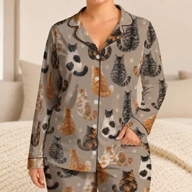 Fluffy Cat Family for Cozy Evenings and Valentine’s Day Gifts for Her Satin Pajamas Set