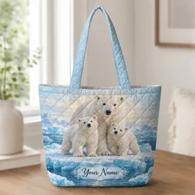 Polar Bear Mother and Cubs for Arctic Wildlife Lovers and Cozy Winter Adventures Quilted Tote Bag