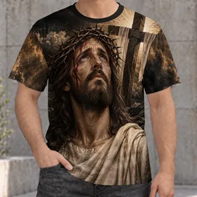 Bearded Biblical Portrait With Thorn Crown And Radiant Cross For Faithful Everyday Wear All-over Print Unisex T-shirt
