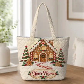 Gingerbread House, Candy Canes And Holly For Cozy Christmas Baking And Holiday Gifting Quilted Tote Bag