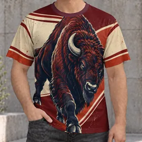 Fierce Charging Bison in Burgundy and Cream for Game Day and Outdoor Sports Fans All-over Print Unisex T-shirt