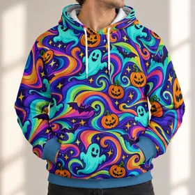 Swirling Pumpkins, Friendly Ghosts & Bats for Colorful Autumn Night Celebrations All-over Print Hoodie (Lightweight)