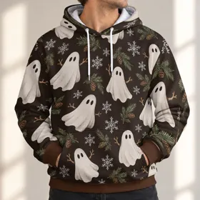 Ghosts, Snowflakes and Pine Sprigs for Cozy Christmas Gatherings and Winter Outings All-over Print Hoodie (Lightweight)